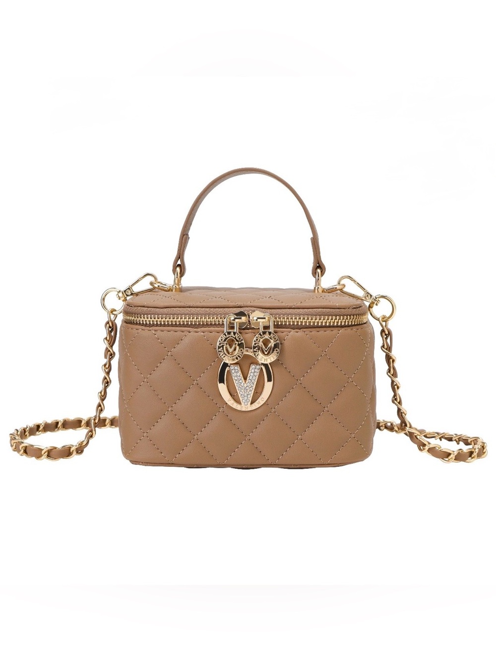 Valentino Orlandi Quilted Tan Crossbody Vanity Bag with Gold Chain